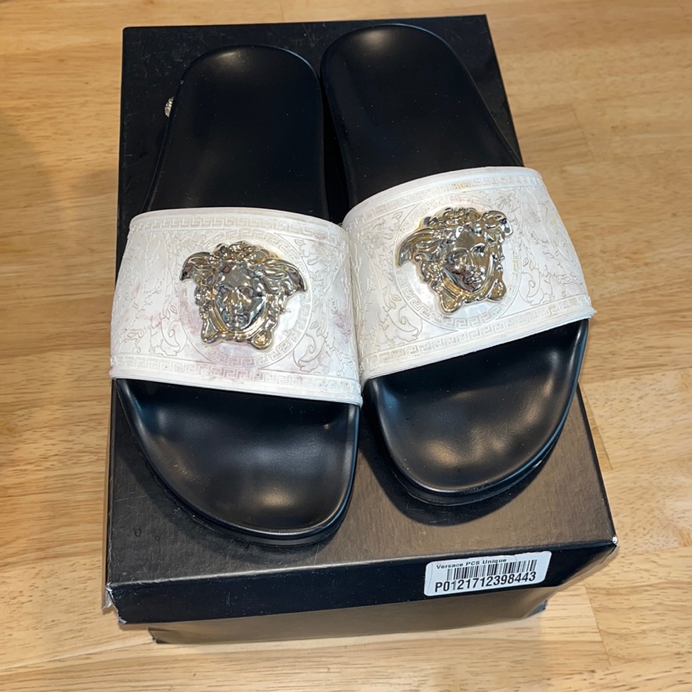 Versace Swim Slides with gold Medusa head